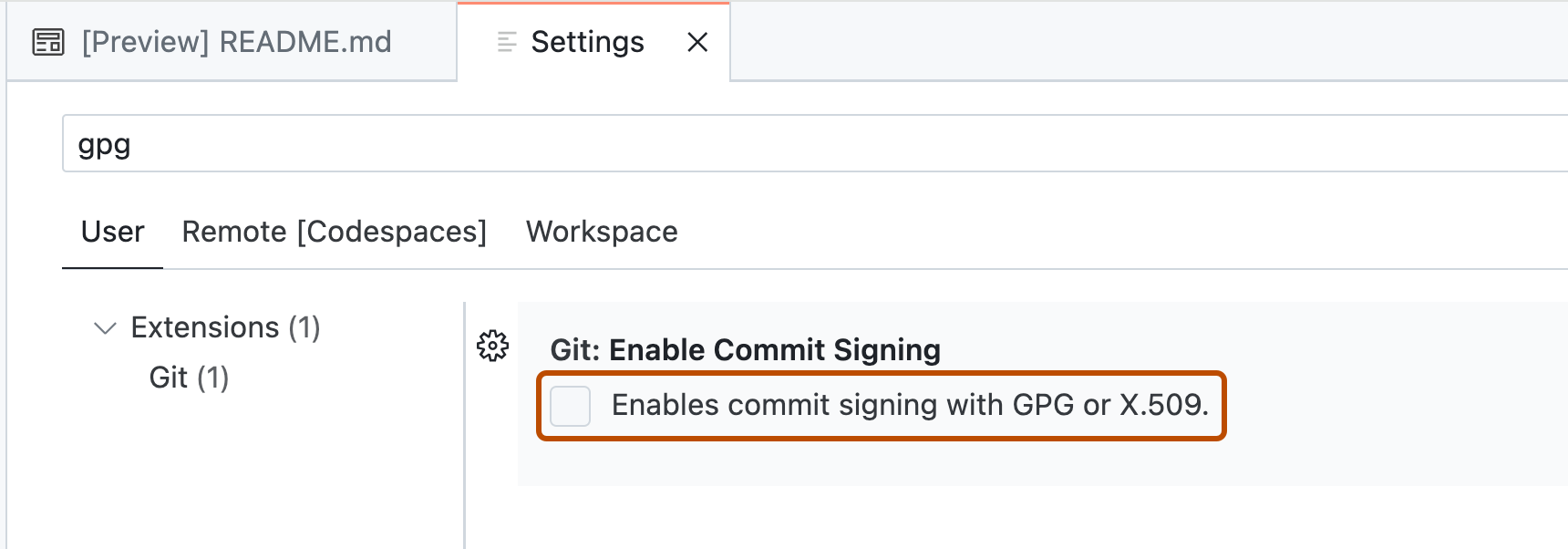 Screenshot of the "User" settings tab. A deselected checkbox, labeled "Enables commit signing with GPG or X.509," is highlighted with an orange outline.