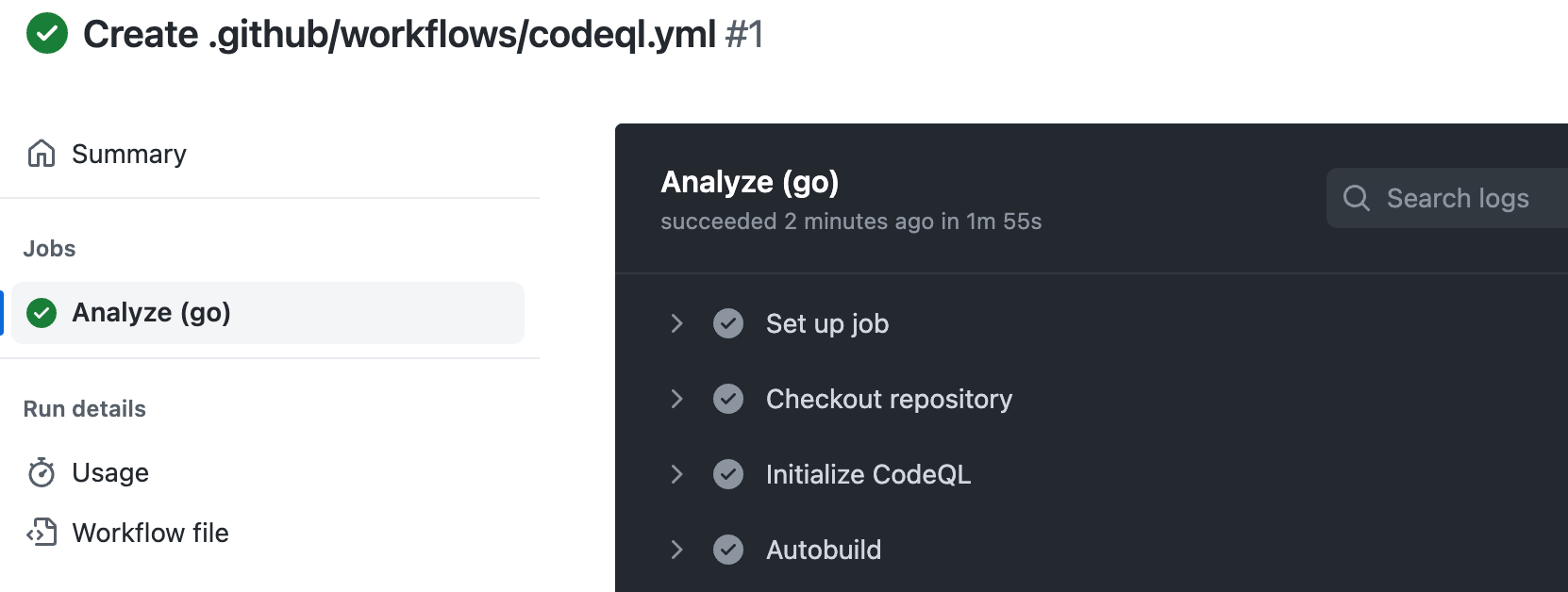 Screenshot of the log output for the "Analyze (go)" job. In the left sidebar, under the "Jobs" heading, "Analyze (go)" is listed.