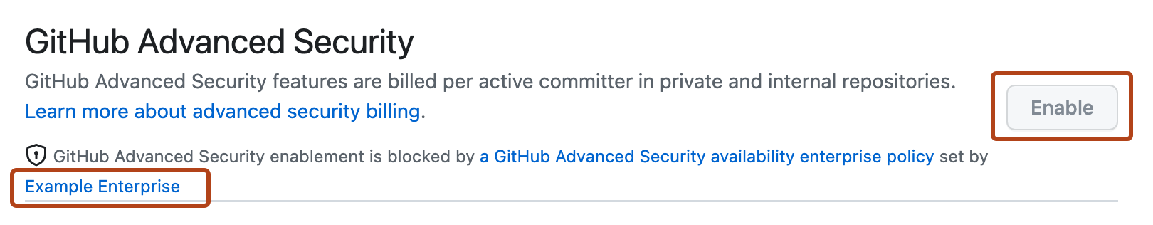 "GitHub Advanced Security 설정 스크린샷"입니다. 엔터프라이즈 정책의 소유자와 비활성 "사용" 단추는 진한 주황색으로 강조 표시됩니다.