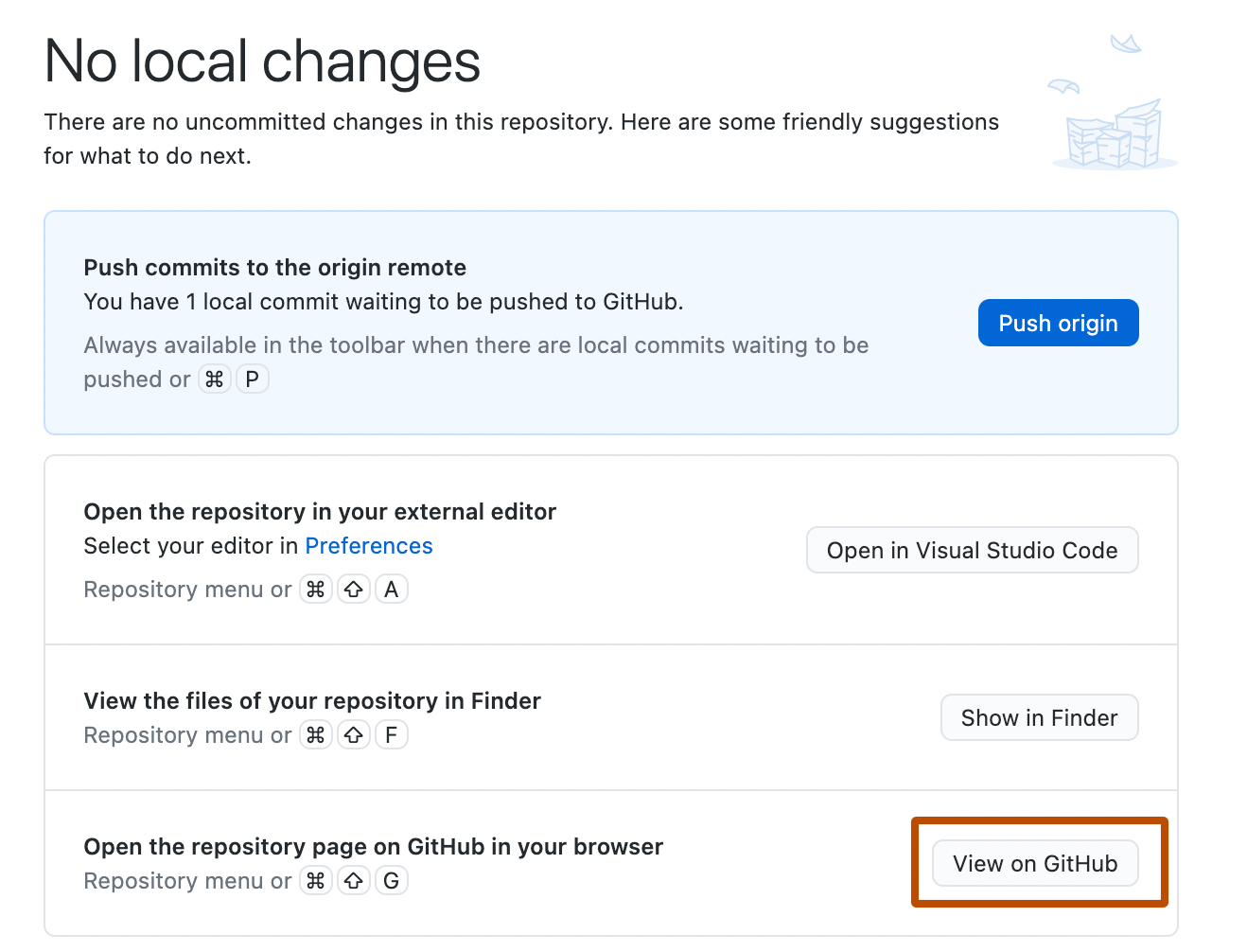 Снимок экрана: экран "Нет локальных изменений". В списке предложений кнопка с меткой "Просмотр на GitHub" выделена оранжевым контуром.