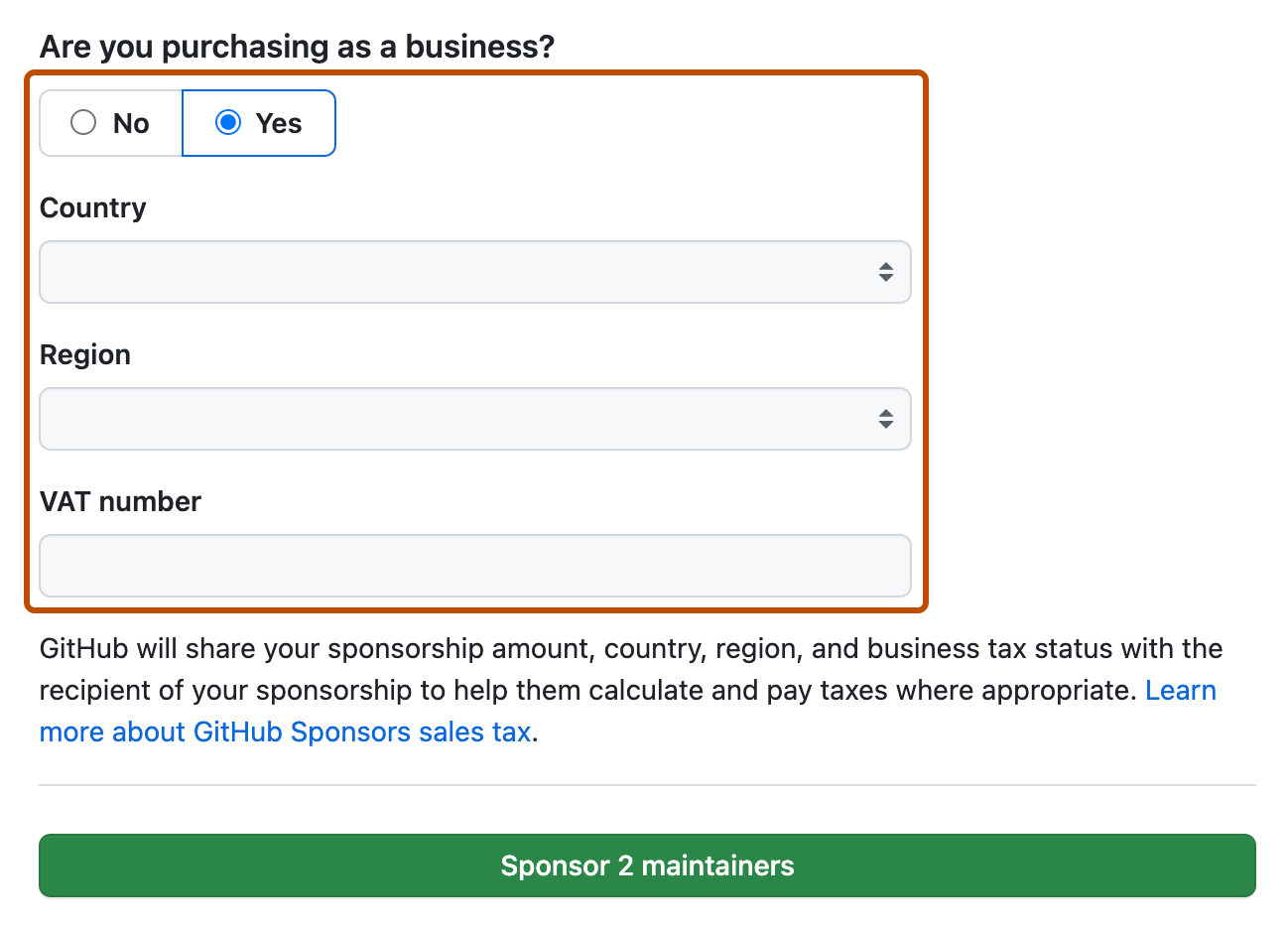 Screenshot of the sponsorship checkout page. The fields for sponsoring as a business are outlined in dark orange.