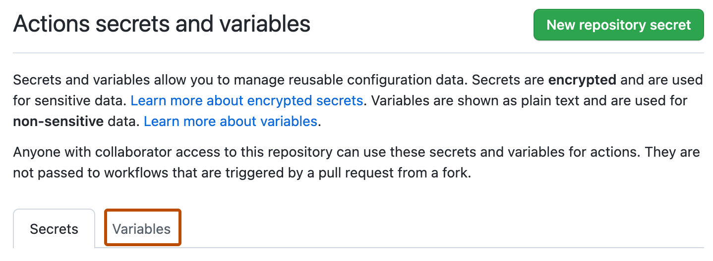 Repository variables tab