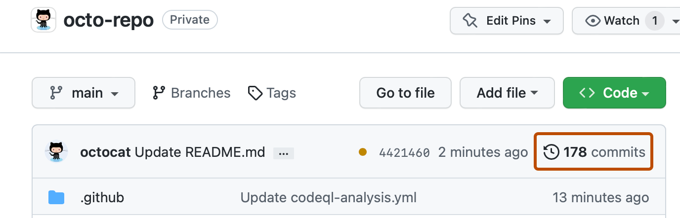 リポジトリのメイン ページのスクリーンショット。 時計のアイコンと [178 件のコミット] がオレンジ色の枠線で強調表示されています。