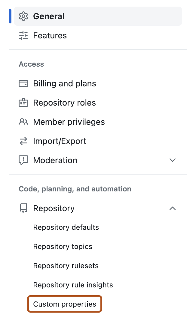 Screenshot of an organization's settings page. In the sidebar, a link labeled "Custom properties" is outlined in orange.