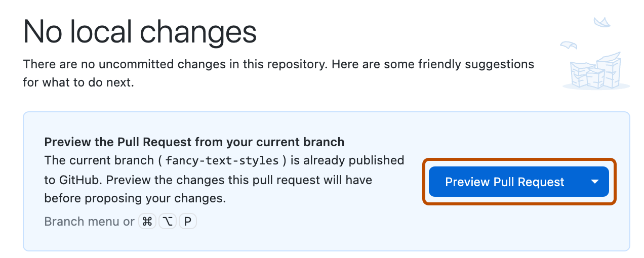 Снимок экрана: представление "Нет локальных изменений". Кнопка с меткой "Предварительный запрос на вытягивание" выделена оранжевым контуром.
