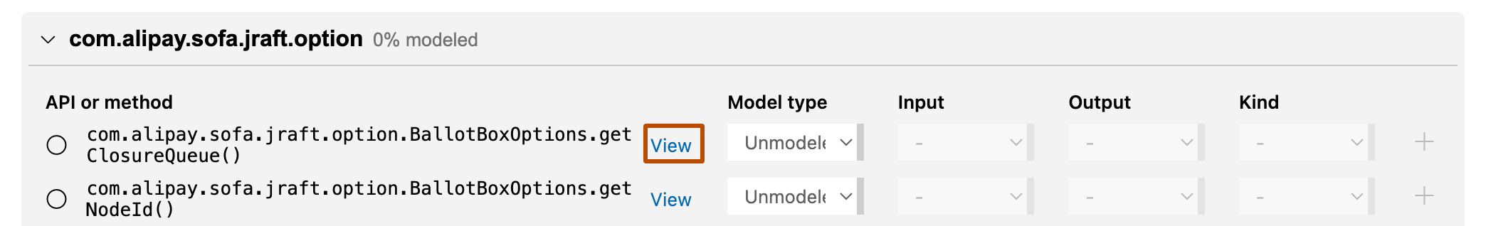 Capture d’écran de l’affichage « Mode dépendance » de l’éditeur de pack de modèles CodeQL dans Visual Studio Code montrant un modèle pour la méthode « com.alipay.sofa.jraft.option.BallotBoxOptions.getClosureQueue() ». Le bouton « + » est indiqué en orange foncé. Cliquez sur ce bouton pour créer un deuxième modèle pour la méthode.