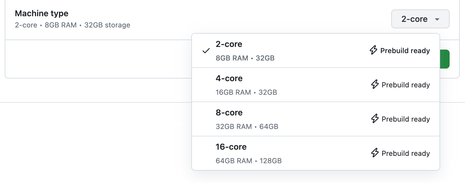 Captura de tela de uma lista de tipos de computador disponíveis: 2, 4, 8, 16 e 32 núcleos, todos rotulados como "Pré-compilação pronto".