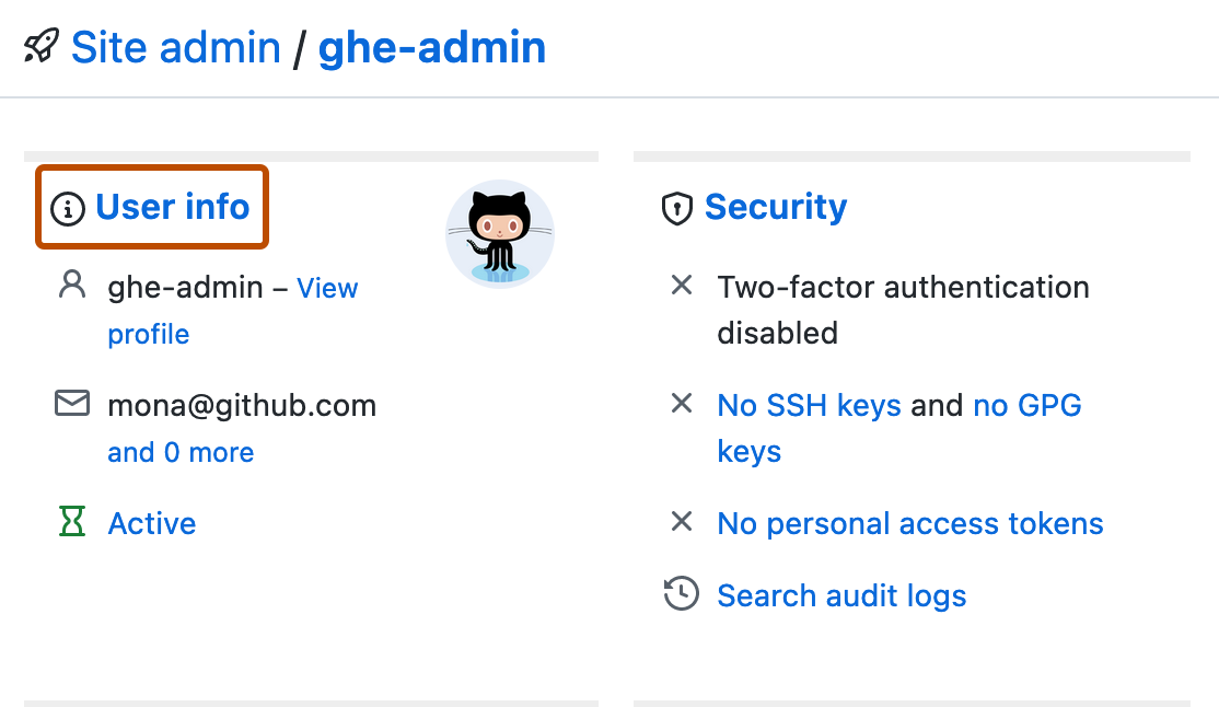 Captura de pantalla de la sección "Información de usuario" de la página de administración del sitio para un usuario. El encabezado "Información de usuario" está resaltado en naranja oscuro. Debajo del encabezado, el usuario está marcado como activo.