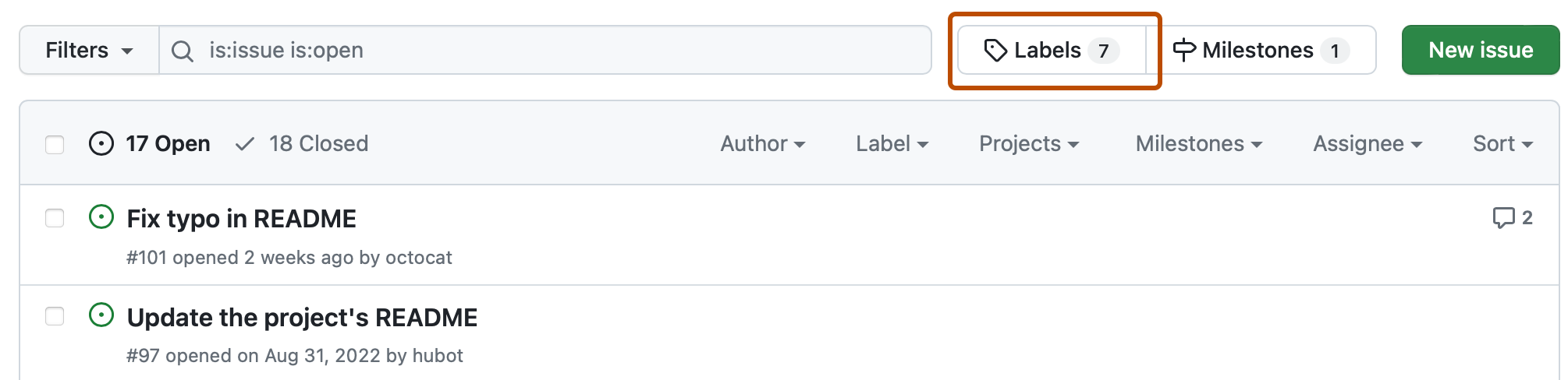 Captura de pantalla de la lista de problemas de un repositorio. Encima de la lista, un botón, etiquetado con un icono de etiqueta y "Etiquetas", se resalta en naranja oscuro.