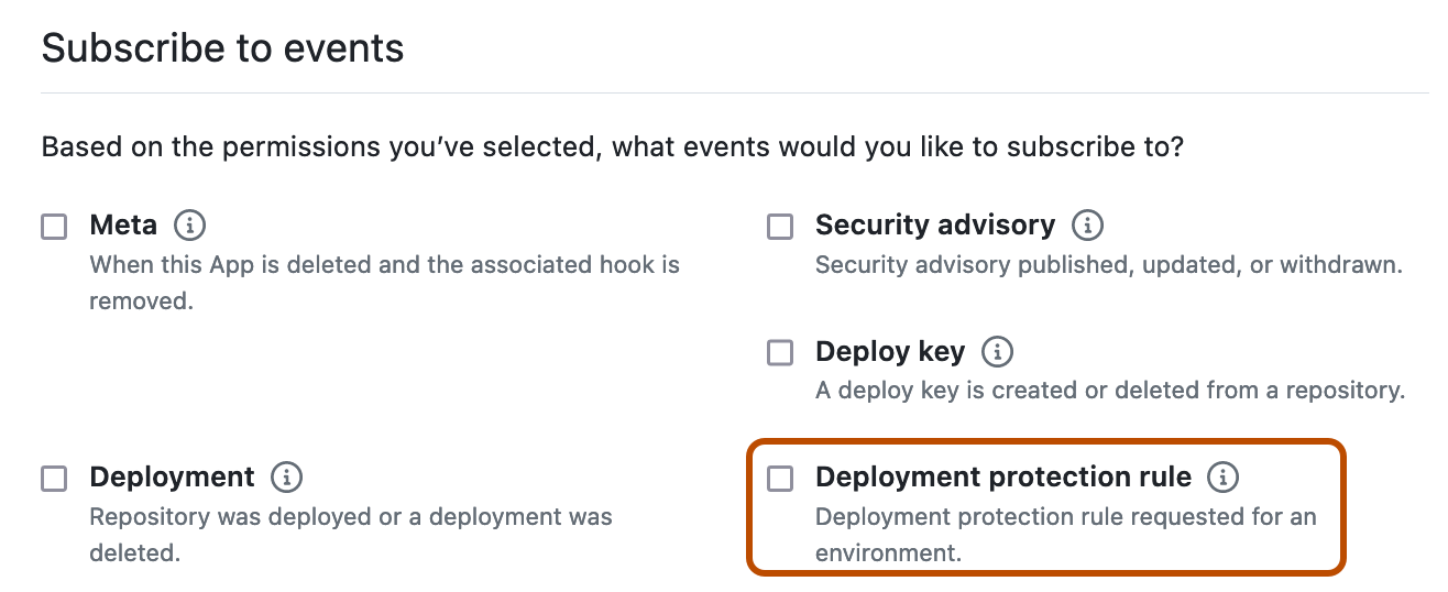 Captura de tela da seção "Assinar eventos" durante a criação de um aplicativo GitHub. A caixa de seleção para assinar o evento de regra de proteção de implantação é realçada por um retângulo laranja escuro.