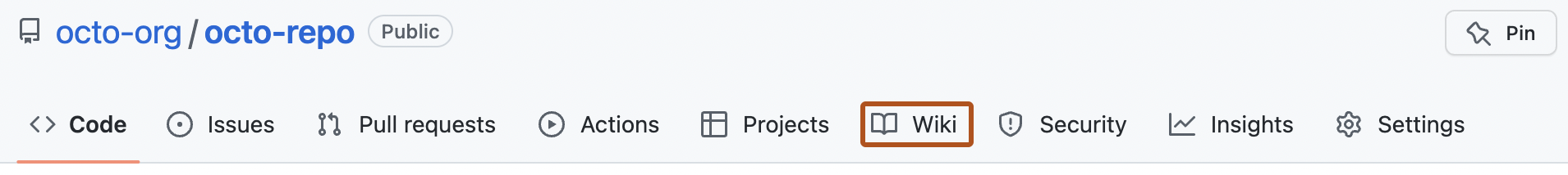 Captura de pantalla del menú en un repositorio. La opción "Wiki" se destaca en naranja oscuro.