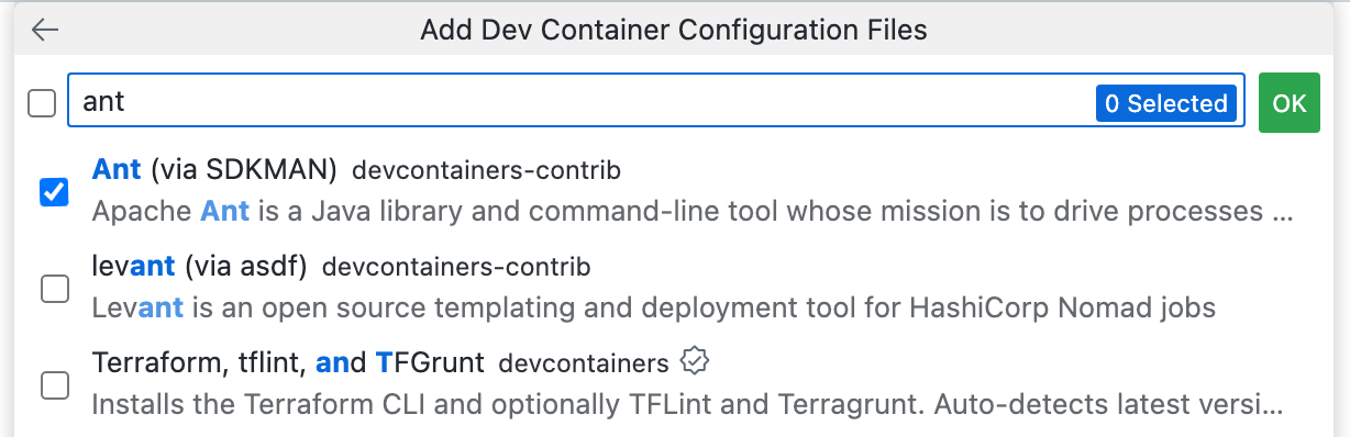 Screenshot of the "Add Dev Container Configuration Files" dropdown with "ant" in the search field and the option "Ant (via SDKMAN)" selected.