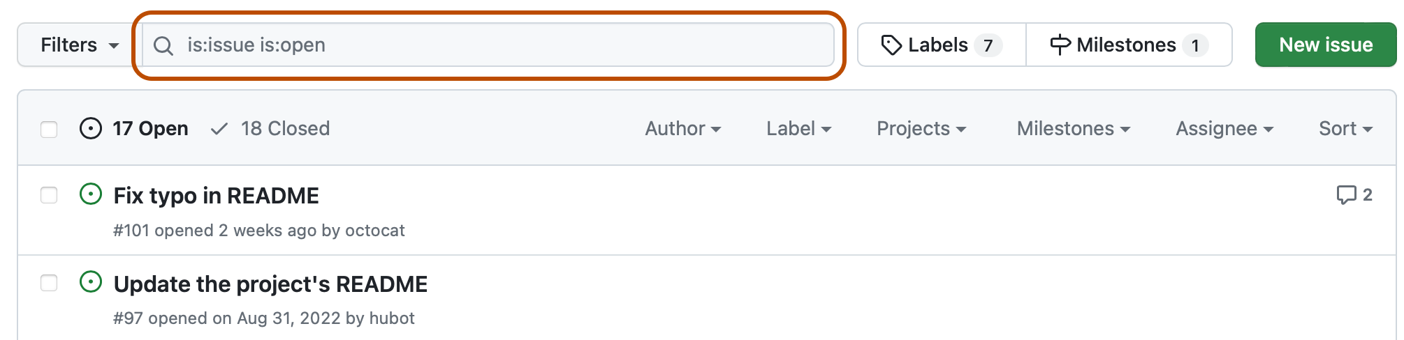 Capture d’écran de la liste des problèmes d’un dépôt. Au-dessus de la liste, un champ de recherche contenant la requête « is:issue is:open » est encadré en orange foncé.