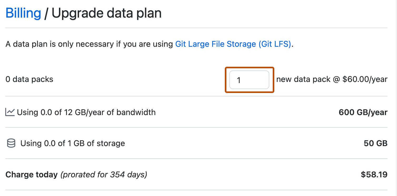 Screenshot der Seite „Datenplan heraufstufen“. Ein Textfeld vor dem Text „neues Datenpaket“, das orange umrandet ist, enthält den Wert 1.