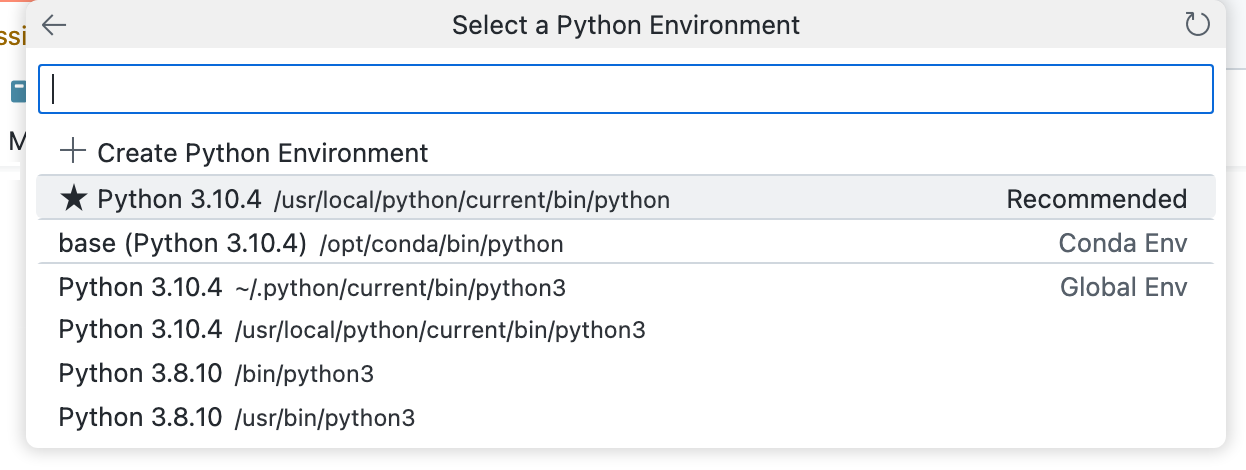 Screenshot of the "Select a Python Environment" dropdown. The first option in the list of Python versions is labeled "Recommended."