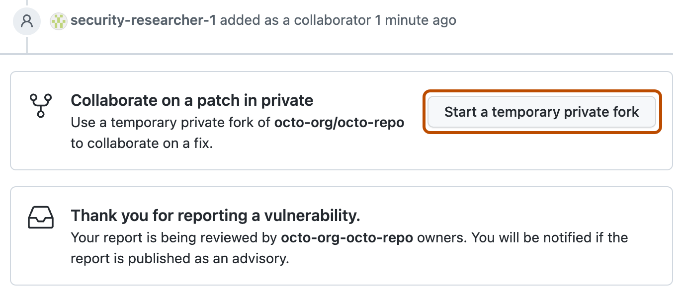 セキュリティ アドバイザリの下部のスクリーンショット。 [一時的なフォークを開始する] というラベルが付いたボタンが濃いオレンジ色の枠線で囲まれています。