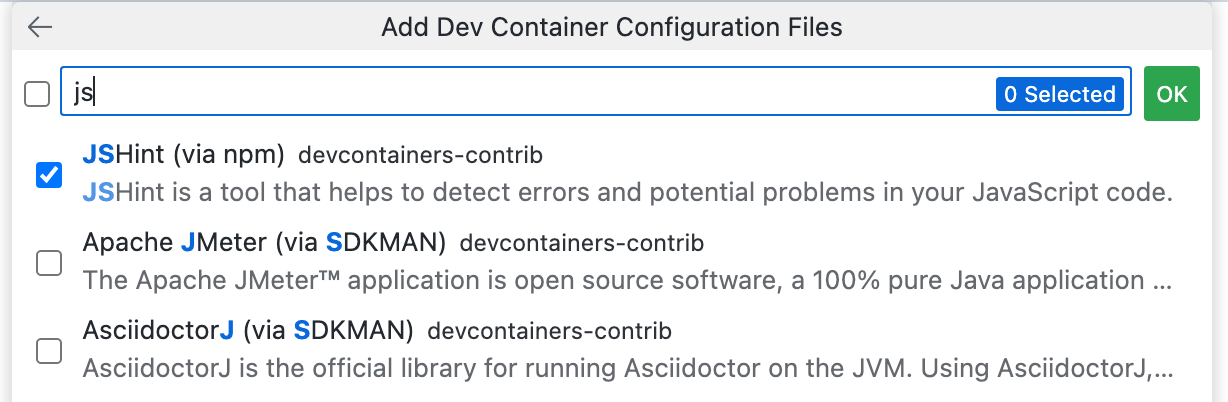 Screenshot of the "Add Dev Container Configuration Files" dropdown, showing "js" in the text box and "JSHint (via npm)" in the dropdown list.