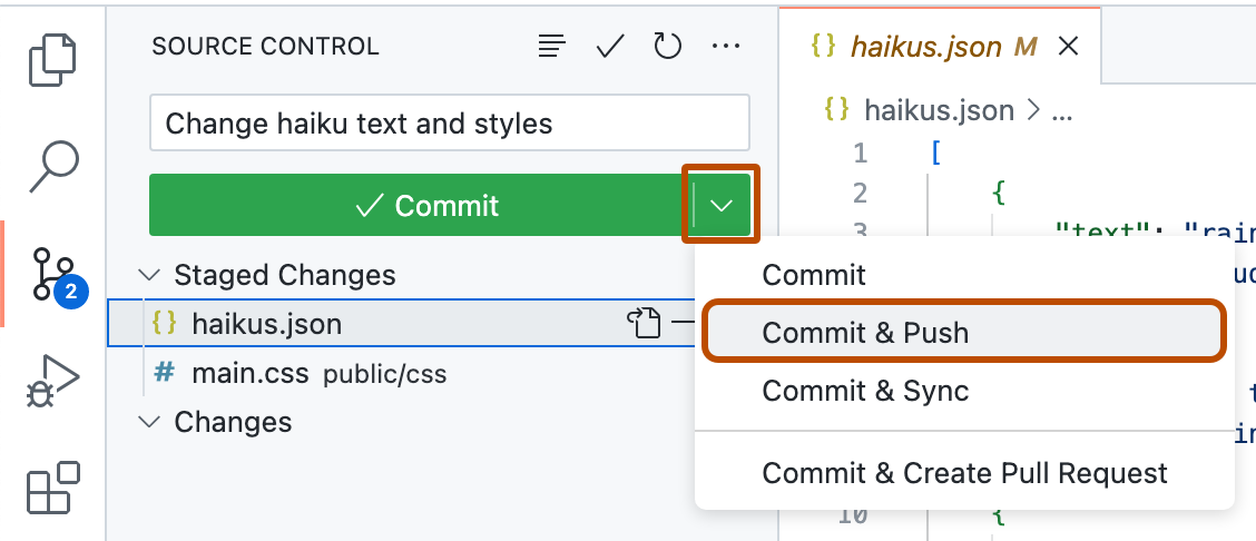 Captura de tela da lista suspensa para o botão "Fazer commit". A opção "Fazer commit & Efetuar push" é realçada com uma estrutura de tópicos laranja escura.