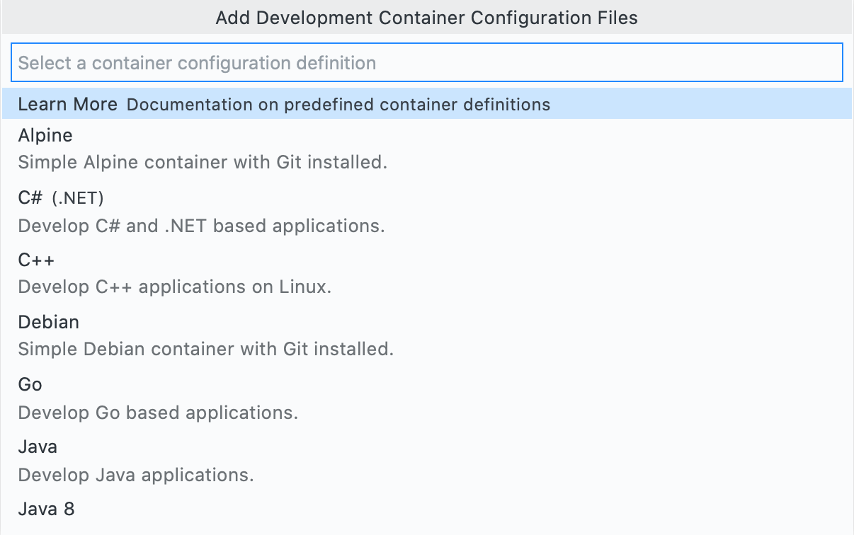 Captura de pantalla del menú "Agregar archivos de configuración de contenedor de desarrollo" con la lista desplegable que muestra opciones como "Alpine", "C# (.NET)," "C++" y "Debian".