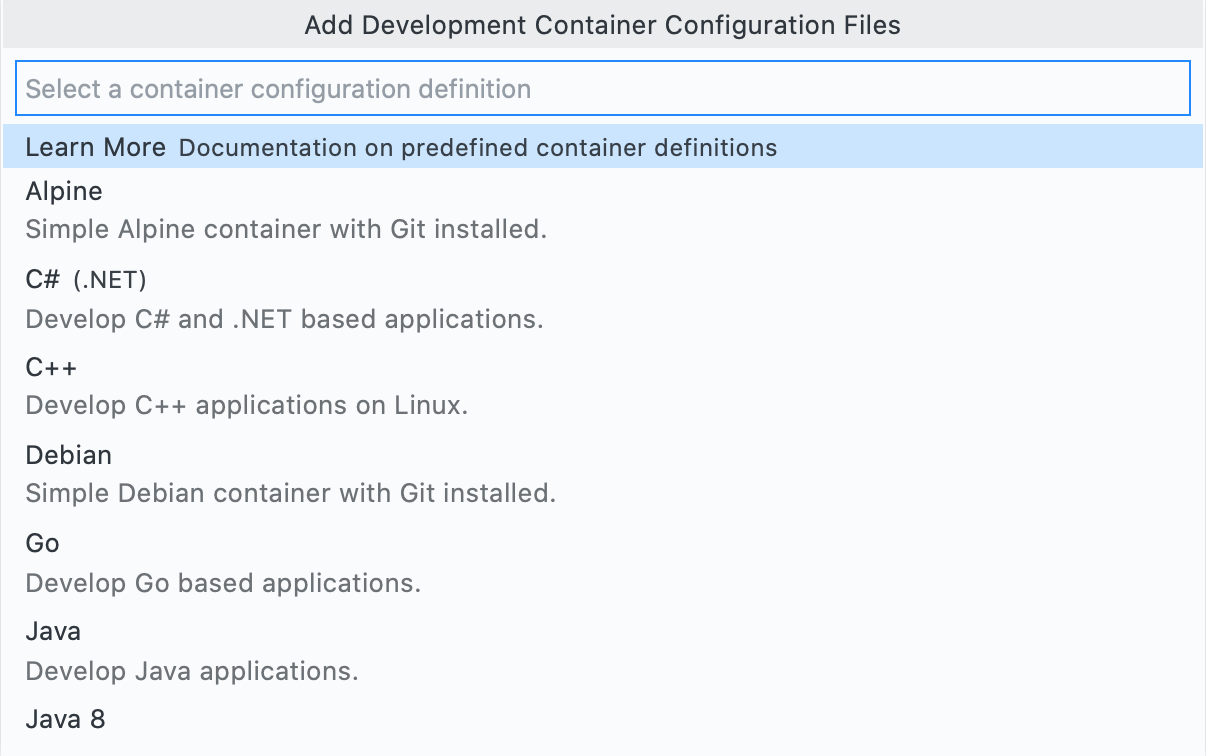  Screenshot of the "Add Development Container Configuration Files" menu with the dropdown showing options such as "Alpine," "C# (.NET)," "C++," and "Debian. "