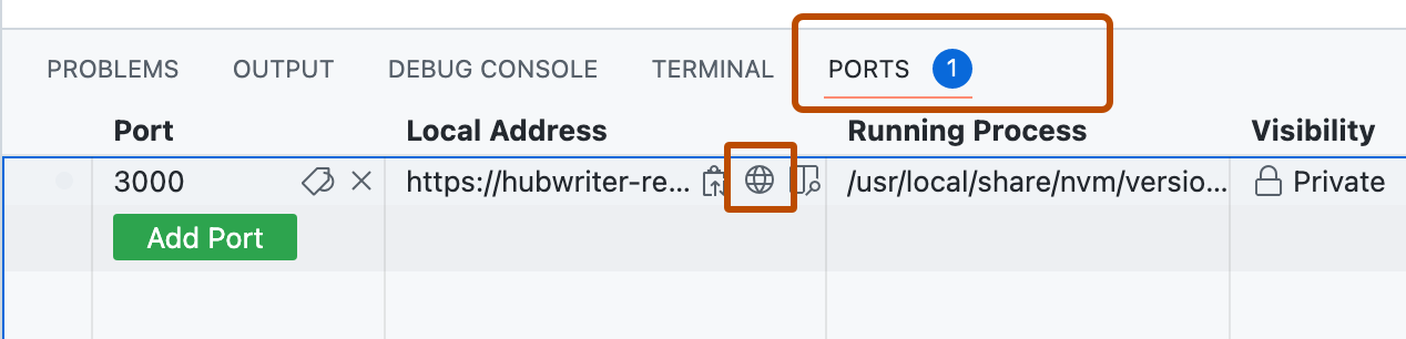 Screenshot des Panels „Ports“, die Registerkarte „Ports“ und ein Globussymbol, durch das der weitergeleitete Port in einem Browser geöffnet wird, sind orange umrandet.
