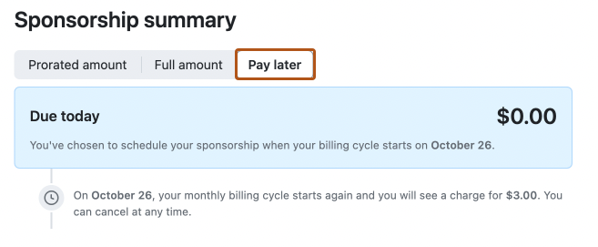 스폰서쉽 요약 페이지의 스크린샷 "나중에 지불" 텍스트가 있는 버튼이 진한 주황색 윤곽선으로 표시되어 있습니다.