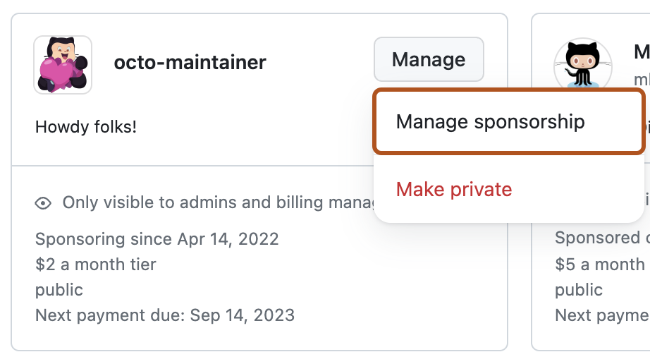 スポンサー プランのスクリーンショット。 [Manage] (管理) ドロップダウン メニューが展開され、[Manage sponsorship] (スポンサー プランの管理) が濃いオレンジ色で囲まれます。