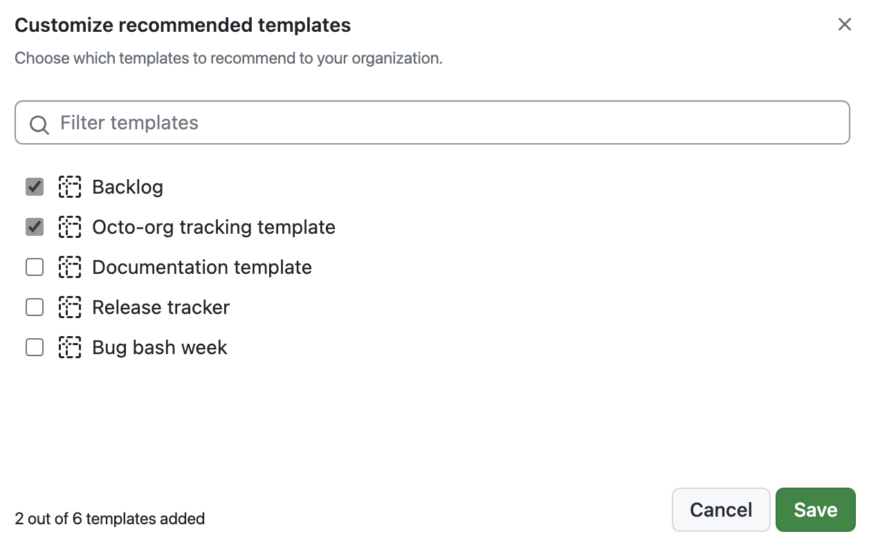 Screenshot of the recommended template selection modal.