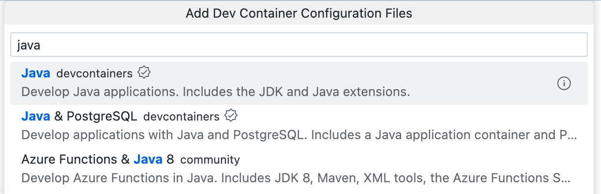 Screenshot of the "Add Dev Container Configuration Files" dropdown with "java" entered in the search field and three Java options listed below.