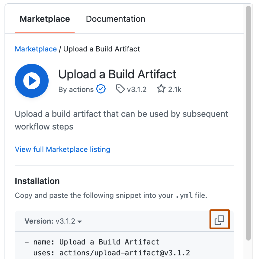 Captura de pantalla de la lista de Marketplace para una acción. El icono "Copiar al Portapapeles" de la acción está resaltado con un contorno naranja oscuro.