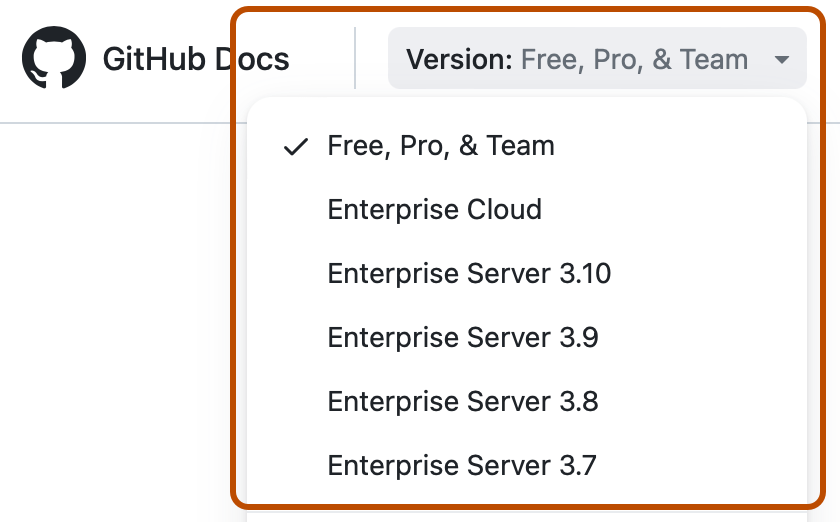 Screenshot of the dropdown menu for picking a version of GitHub Docs to view