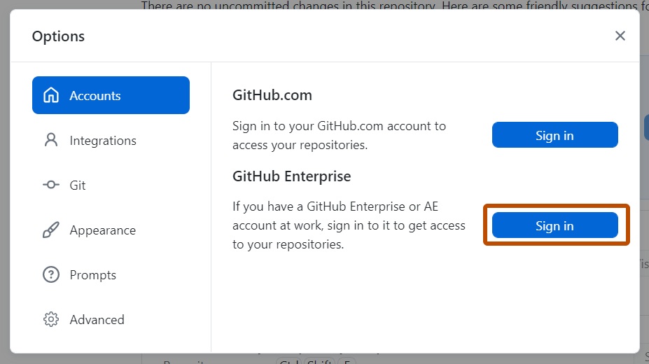 Screenshot des Bereichs „Konten“ im Fenster „Optionen“. Neben „GitHub Enterprise“ ist eine Schaltfläche mit der Bezeichnung „Anmelden“ orange umrandet.