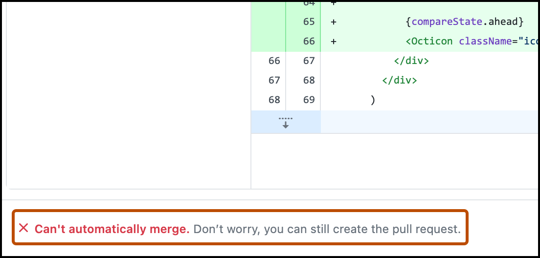 Screenshot of the "Open a Pull Request" dialog window. A status label stating "Can't automatically merge" is highlighted with an orange outline