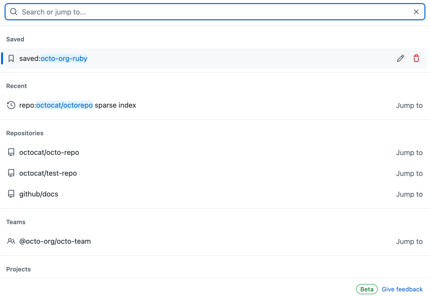 Captura de pantalla de la barra de navegación de GitHub. Hay una lista de sugerencias de búsqueda por categoría debajo de la barra de búsqueda.