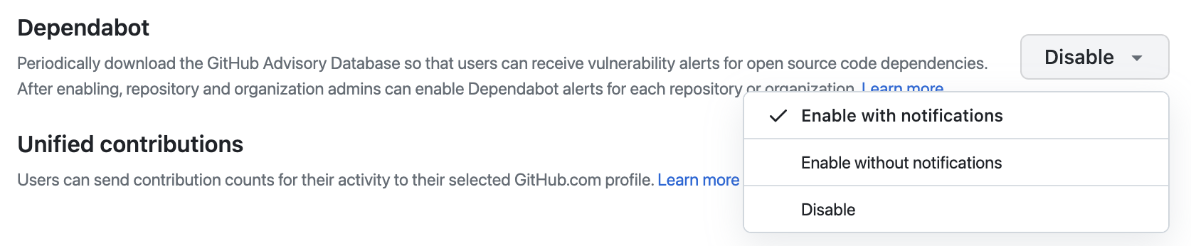 Dependabot alerts の [有効] ドロップダウン メニューのスクリーンショット。使用可能なオプションが表示されています。