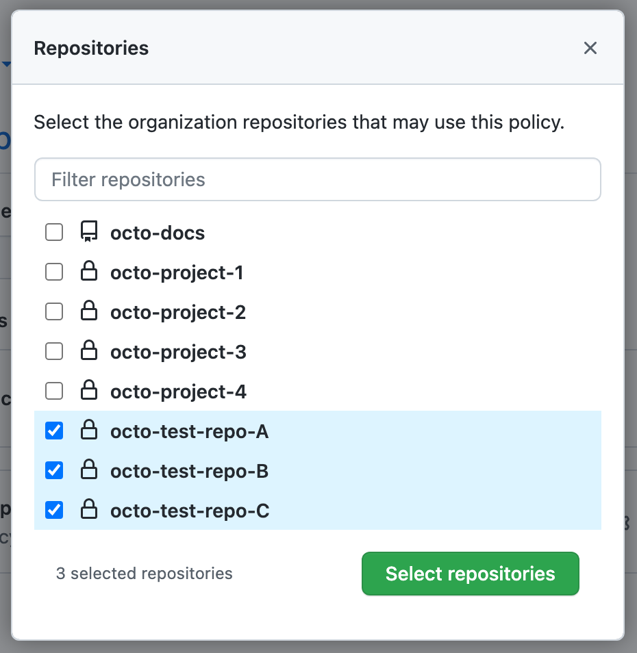 存储库列表的屏幕截图，每个存储库都有一个复选框。 已选择三个存储库。