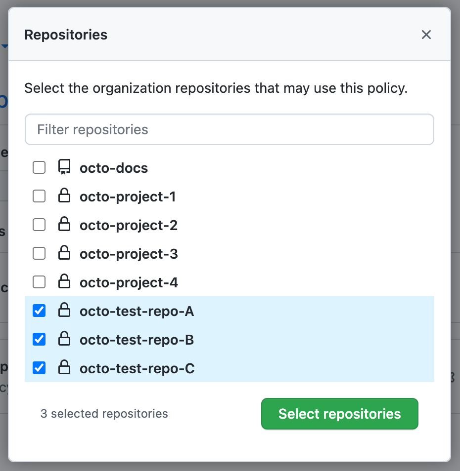 Screenshot einer Liste von Repositorys, jedes mit einem Kontrollkästchen. Drei Repositorys sind ausgewählt.