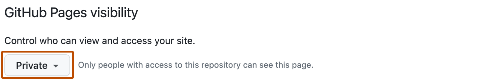 Screenshot of Pages settings in a GitHub repository. A menu to select private or public visibility of the Pages site, labeled "Private," is outlined in dark orange.