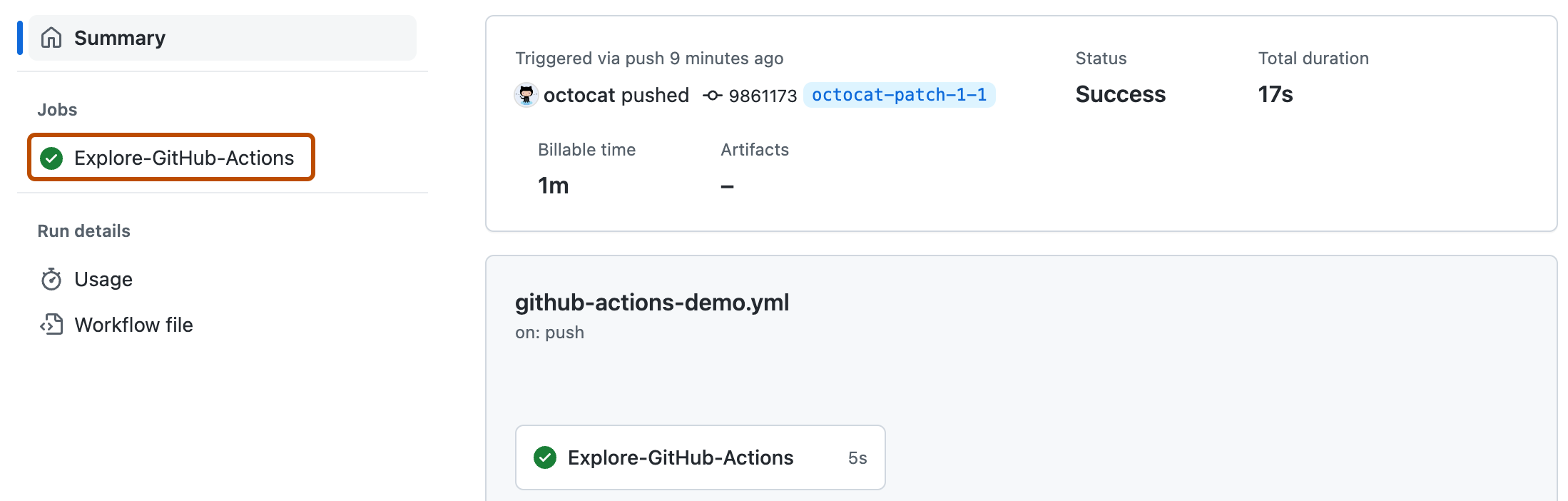 [ワークフローの実行] ページのスクリーンショット。 左側のサイドバーで、"Explore-GitHub-Actions" ジョブが濃いオレンジ色の輪郭で強調表示されています。