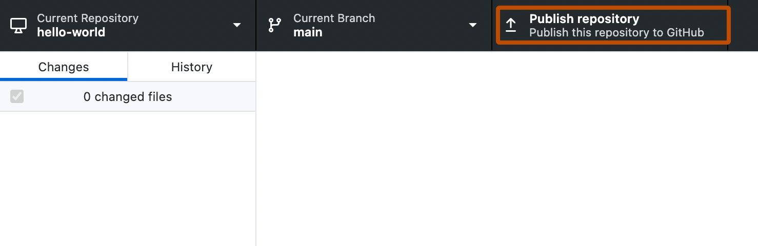 Captura de pantalla de la barra del repositorio. Un botón, con la etiqueta "Publicar repositorio", está resaltado con un contorno naranja.