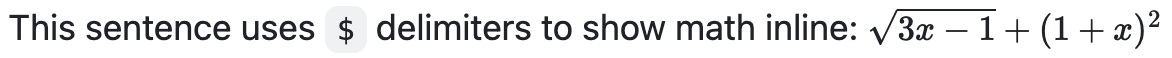 Снимок экрана: отрисованный Markdown, показывающий, как математическое выражение отображается в GitHub с квадратным корневым символом и экспонентой.