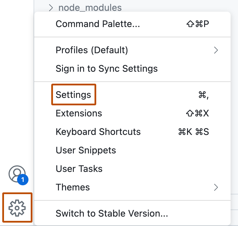 Screenshot eines Abschnitts des VS Code-Webclients. Ein Zahnradsymbol und die Option „Einstellungen“ in einem Menü sind beide mit einer orangefarbenen Kontur hervorgehoben.