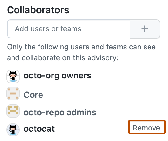 Screenshot of the "Collaborators" area in the right sidebar of a draft security advisory. The "Remove username" button is outlined in dark orange.