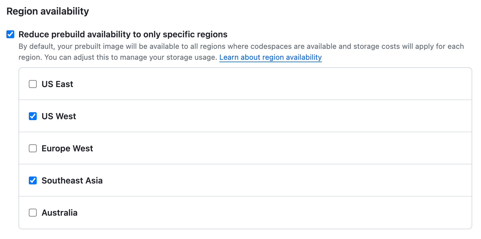 Screenshot of the "Region availability" settings. "Reduce prebuild available to only specific regions" is selected with two regions selected.