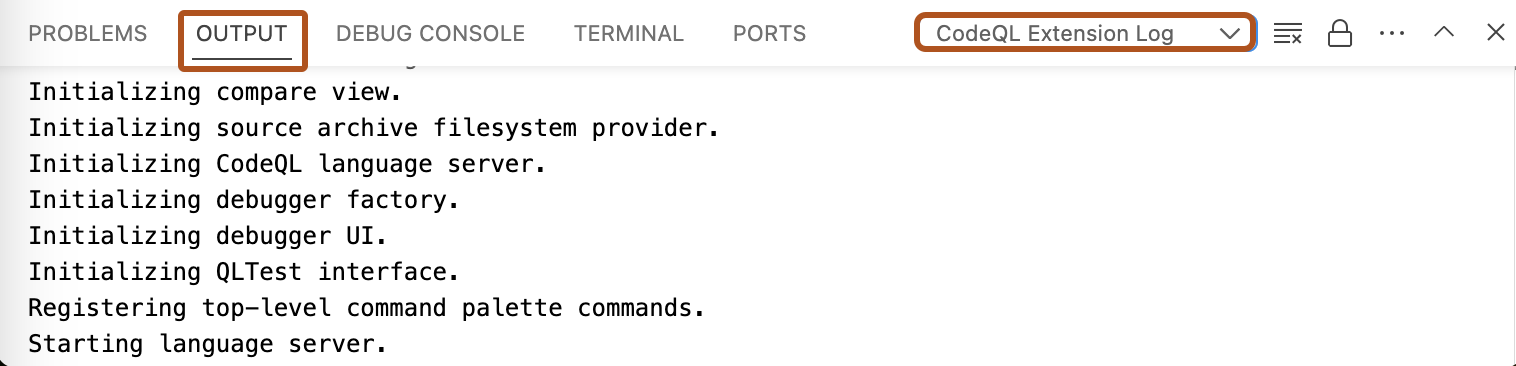 Capture d’écran de la fenêtre « Sortie » dans VS Code (comme mis en surbrillance en orange foncé). La liste déroulante est également mise en surbrillance, avec l’option « Journal des extensions CodeQL » sélectionnée.