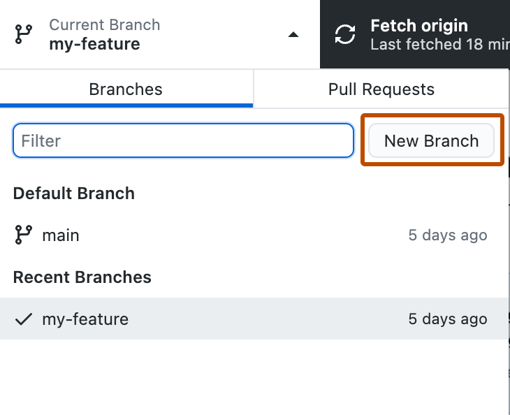 Opção New Branch (Novo branch) no menu Branch
