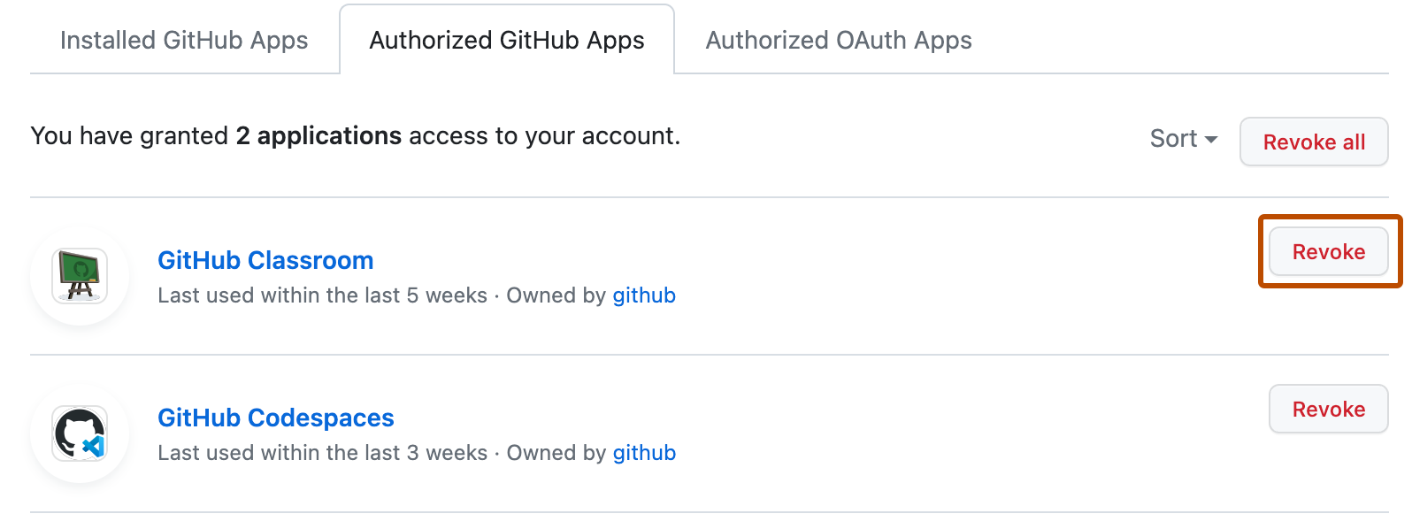 Capture d’écran de l’onglet « GitHub Apps autorisées ». À côté d’une application, un bouton intitulé « Révoquer » est mis en évidence en orange.