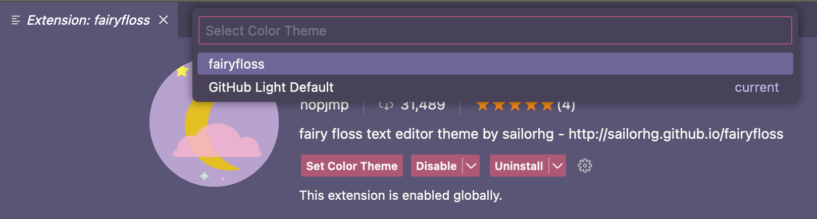 Captura de pantalla de la lista desplegable "Seleccionar tema de color", con el tema "fairyfloss" seleccionado.