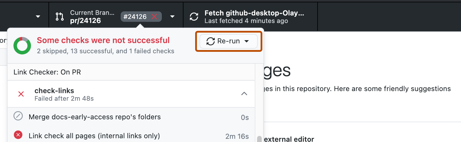 Screenshot of a dropdown view from a pull request label. Next to the message "Some checks were not successful", a button labeled "Re-run" is outlined in orange.