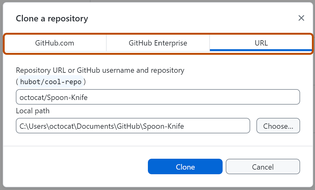 Screenshot of the "URL" tab of the "Clone a repository" window. At the top of the window, "GitHub.com", "GitHub Enterprise" and "URL" tabs are outlined in orange.